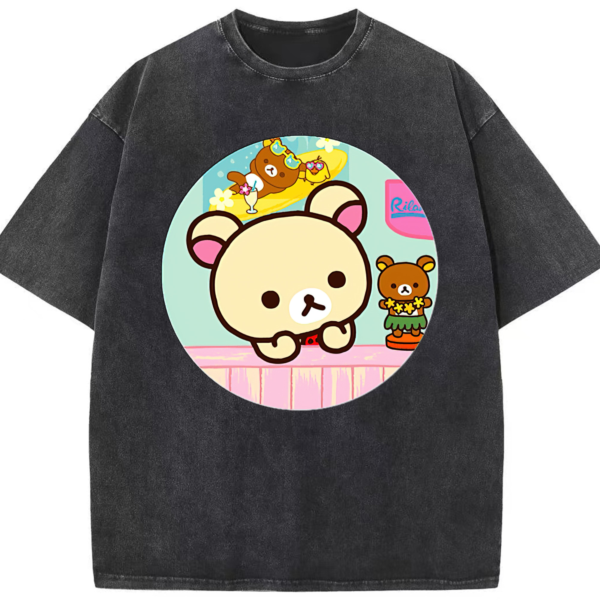 （画像用） リラックマ リラックマ キイロイトリ Rilakkuma Korilakkuma Kiiroitori 綿100% ヴィンテージ風 半袖Tシャツ（フロントプリント）