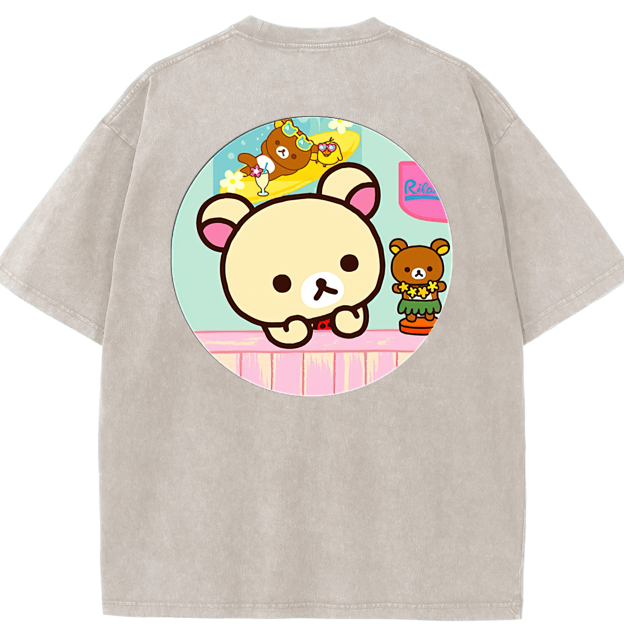 （画像用） リラックマ リラックマ キイロイトリ Rilakkuma Korilakkuma Kiiroitori 綿100% ヴィンテージ風 半袖Tシャツ（背面プリント）