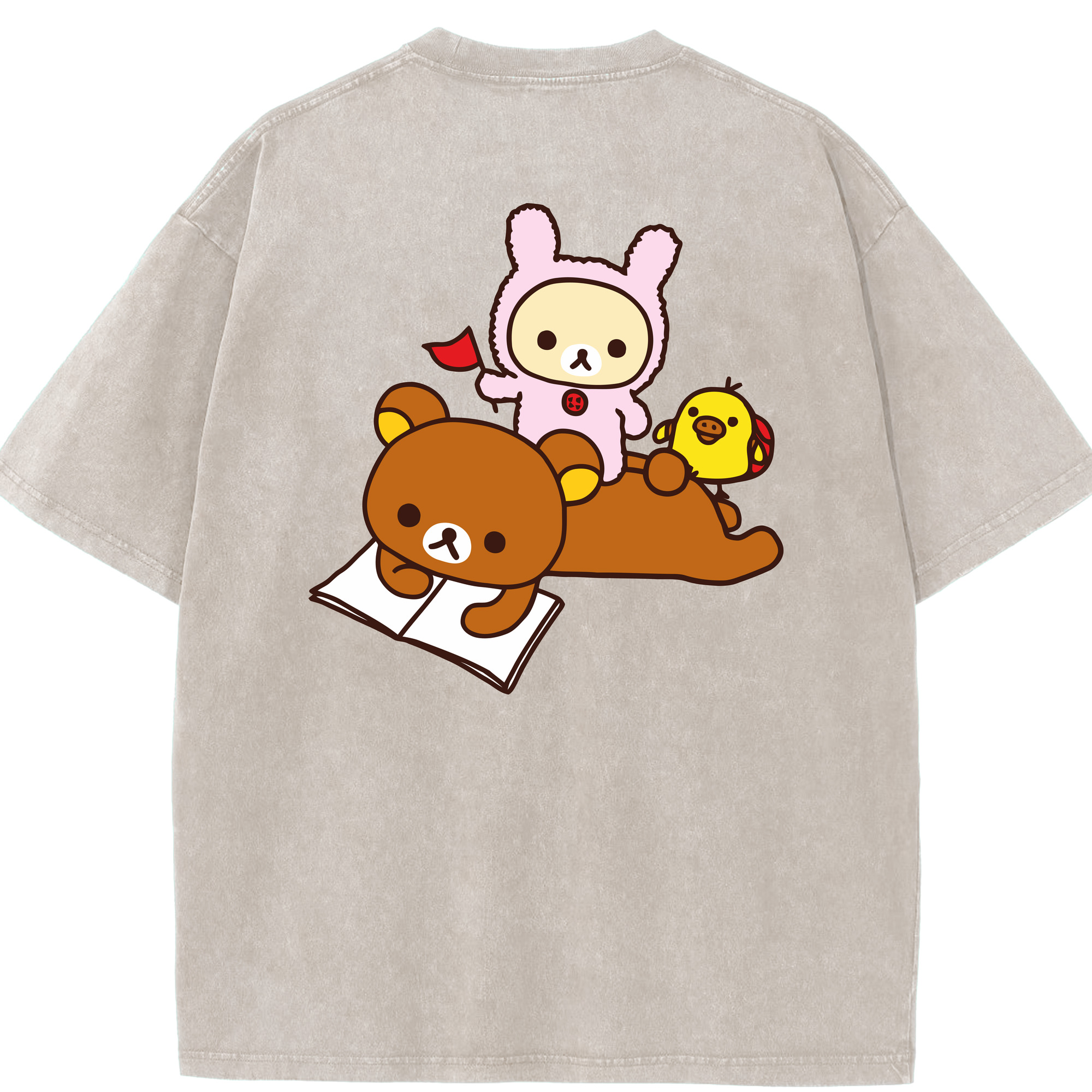 （画像用） リラックマ リラックマ キイロイトリ Rilakkuma Korilakkuma Kiiroitori 綿100% ヴィンテージ風 半袖Tシャツ（背面プリント）