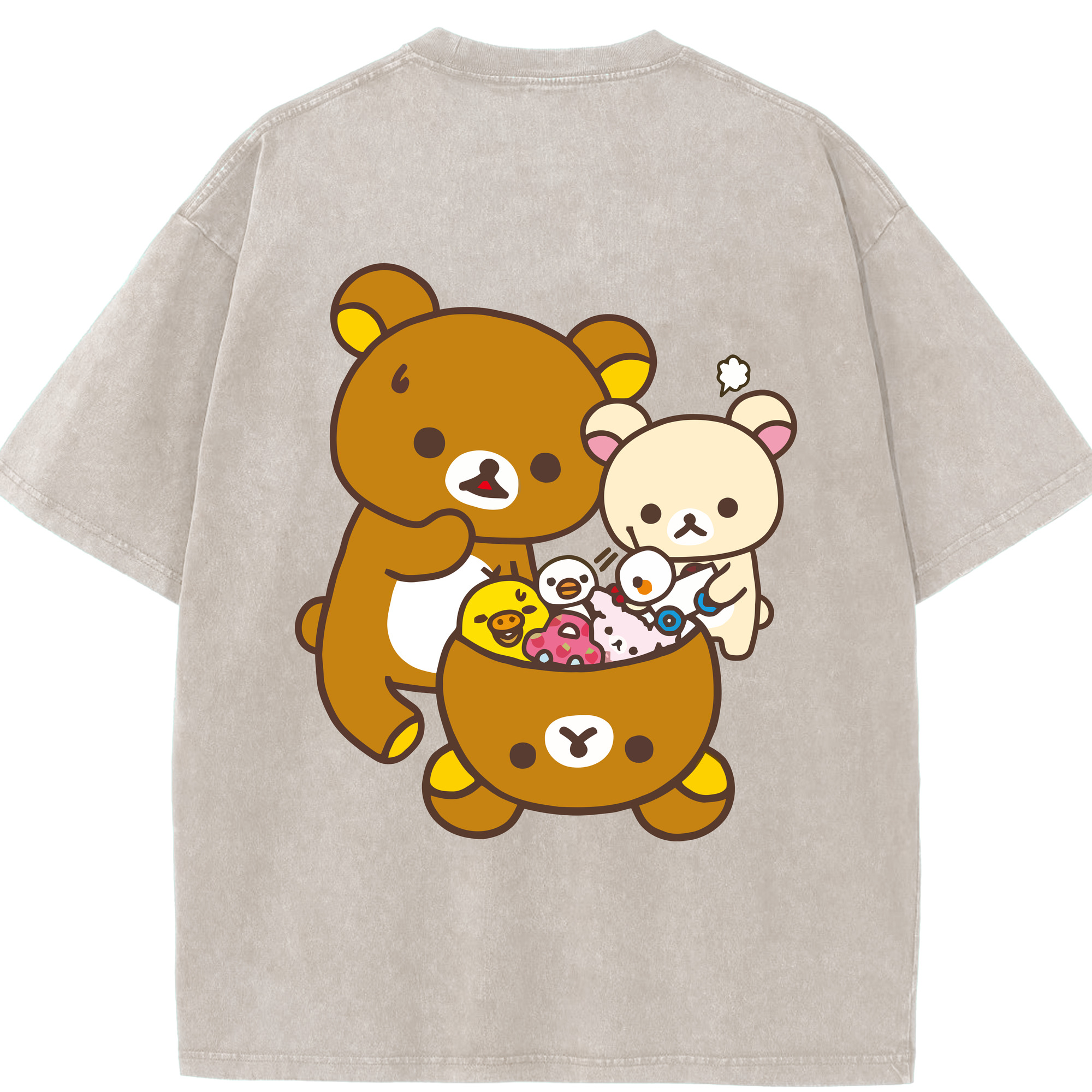 （画像用） リラックマ リラックマ キイロイトリ Rilakkuma Korilakkuma Kiiroitori 綿100% ヴィンテージ風 半袖Tシャツ（背面プリント）