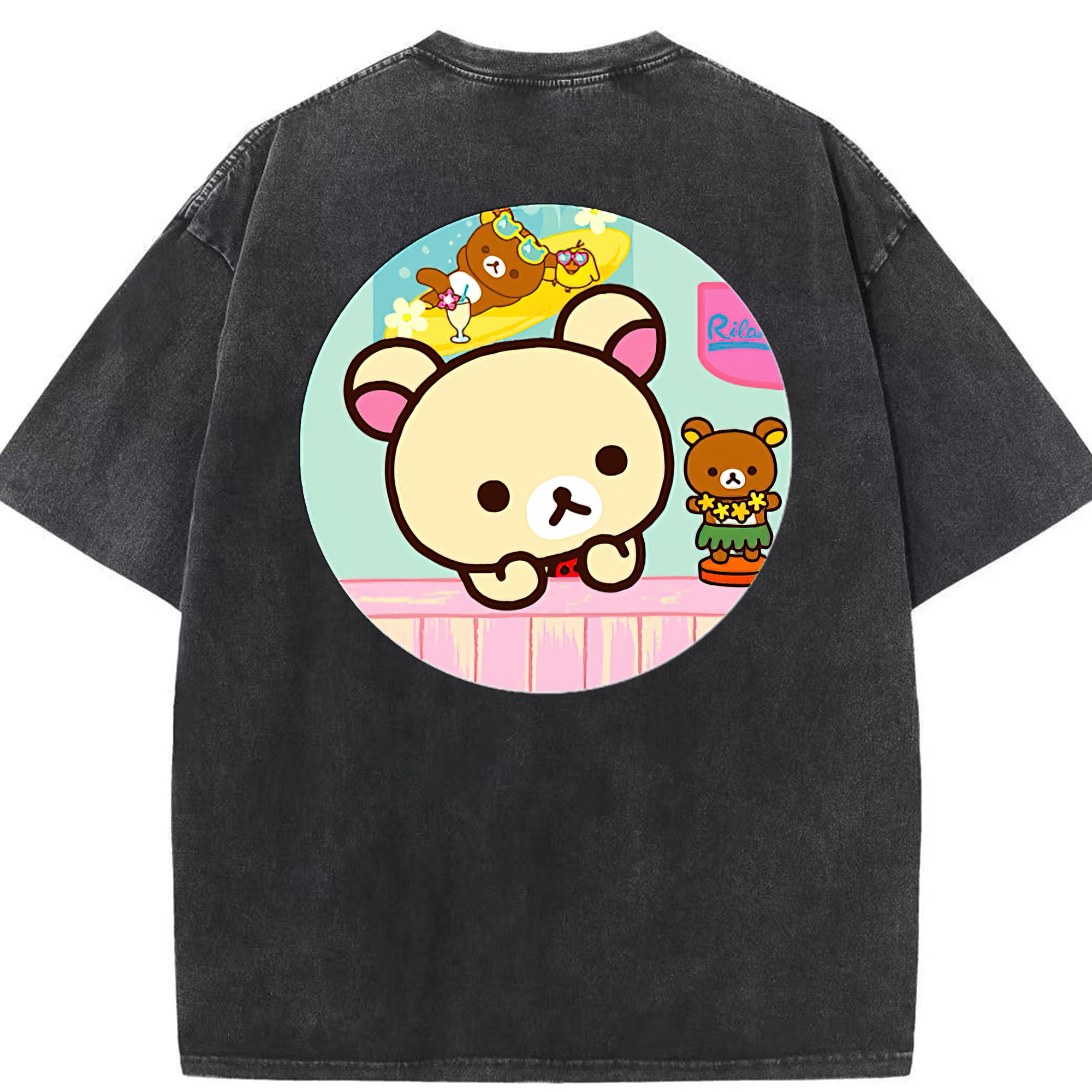 （画像用） リラックマ リラックマ キイロイトリ Rilakkuma Korilakkuma Kiiroitori 綿100% ヴィンテージ風 半袖Tシャツ（背面プリント）