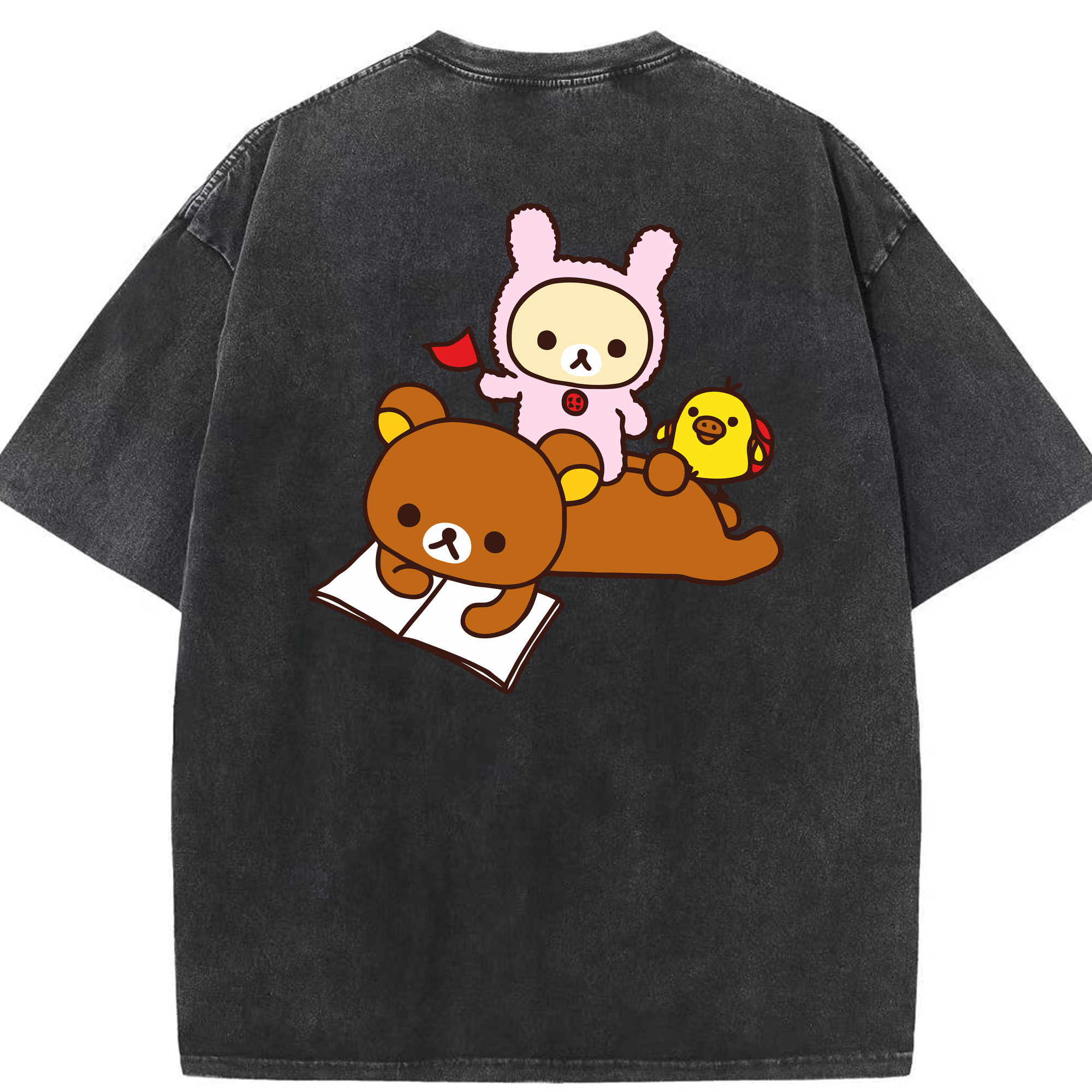 （画像用） リラックマ リラックマ キイロイトリ Rilakkuma Korilakkuma Kiiroitori 綿100% ヴィンテージ風 半袖Tシャツ（背面プリント）