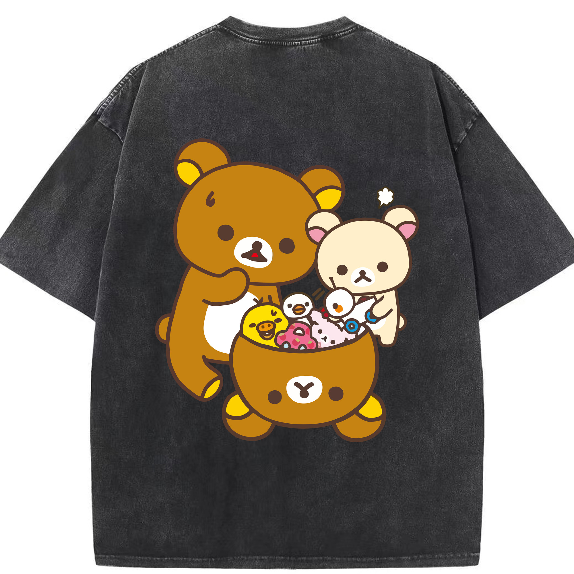 （画像用） リラックマ リラックマ キイロイトリ Rilakkuma Korilakkuma Kiiroitori 綿100% ヴィンテージ風 半袖Tシャツ（背面プリント）