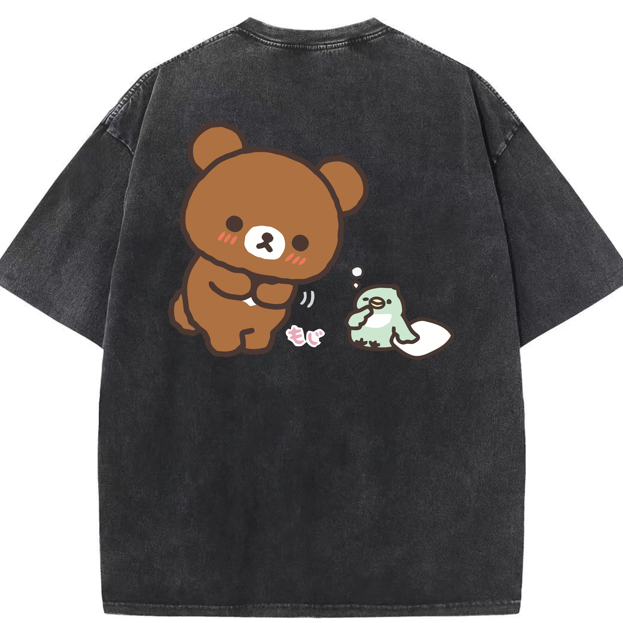 （画像用） リラックマ リラックマ キイロイトリ Rilakkuma Korilakkuma Kiiroitori 綿100% ヴィンテージ風 半袖Tシャツ（背面プリント）