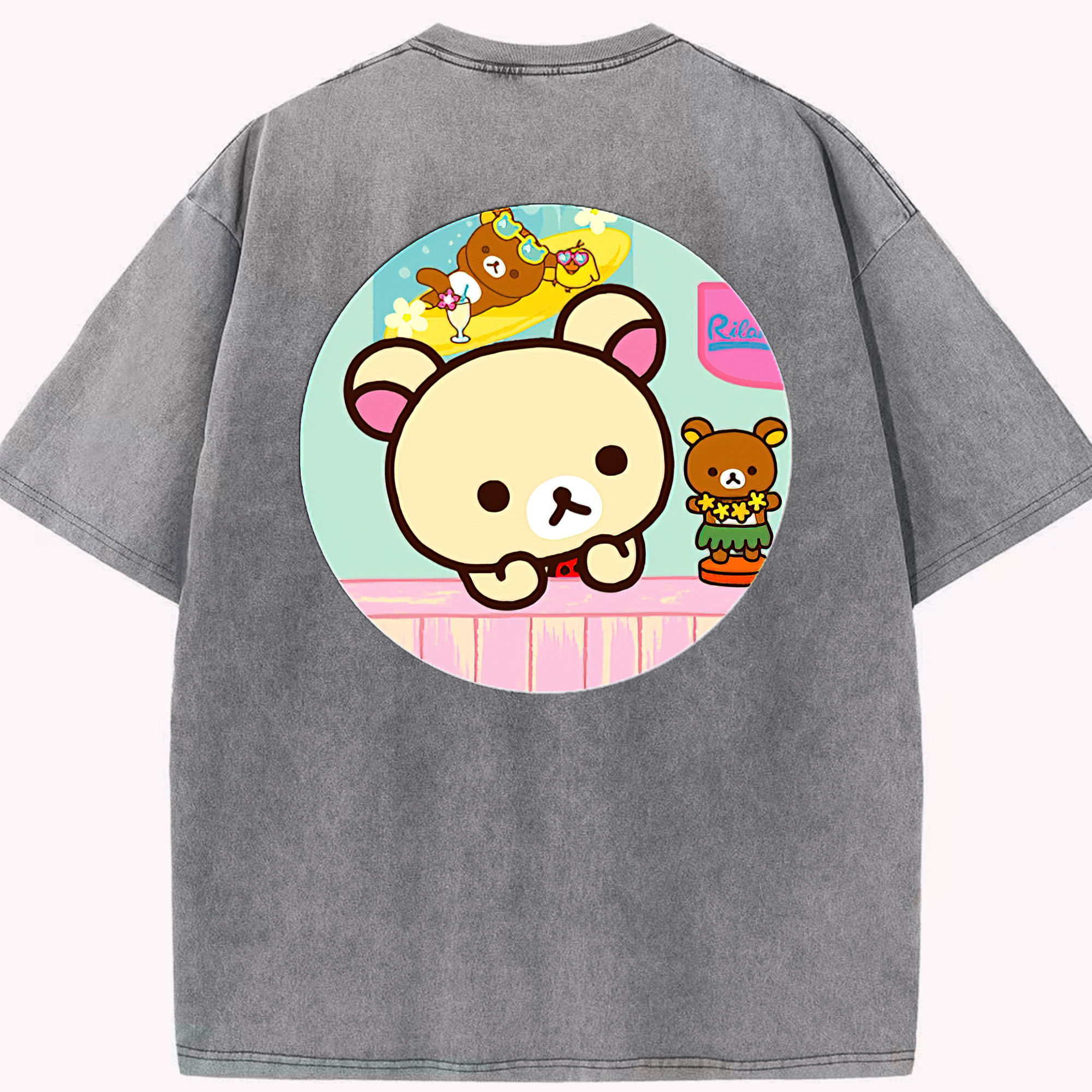 （画像用） リラックマ リラックマ キイロイトリ Rilakkuma Korilakkuma Kiiroitori 綿100% ヴィンテージ風 半袖Tシャツ（背面プリント）