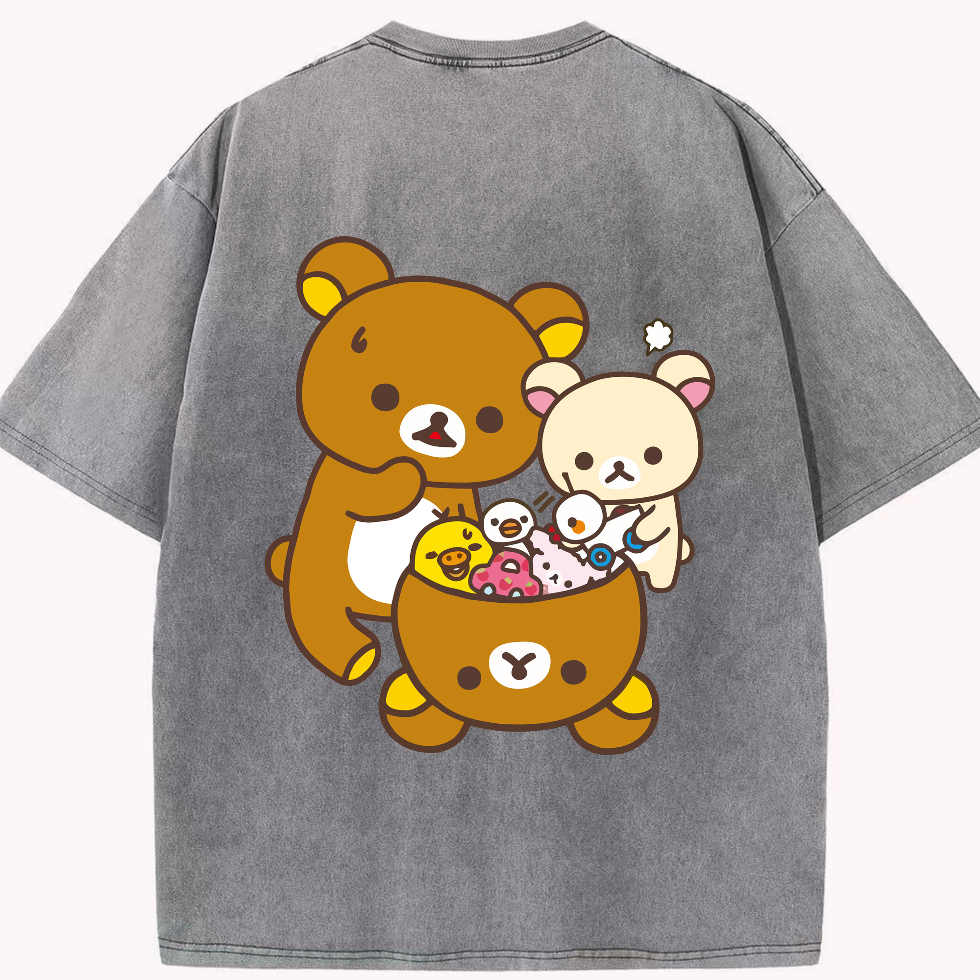 （画像用） リラックマ リラックマ キイロイトリ Rilakkuma Korilakkuma Kiiroitori 綿100% ヴィンテージ風 半袖Tシャツ（背面プリント）