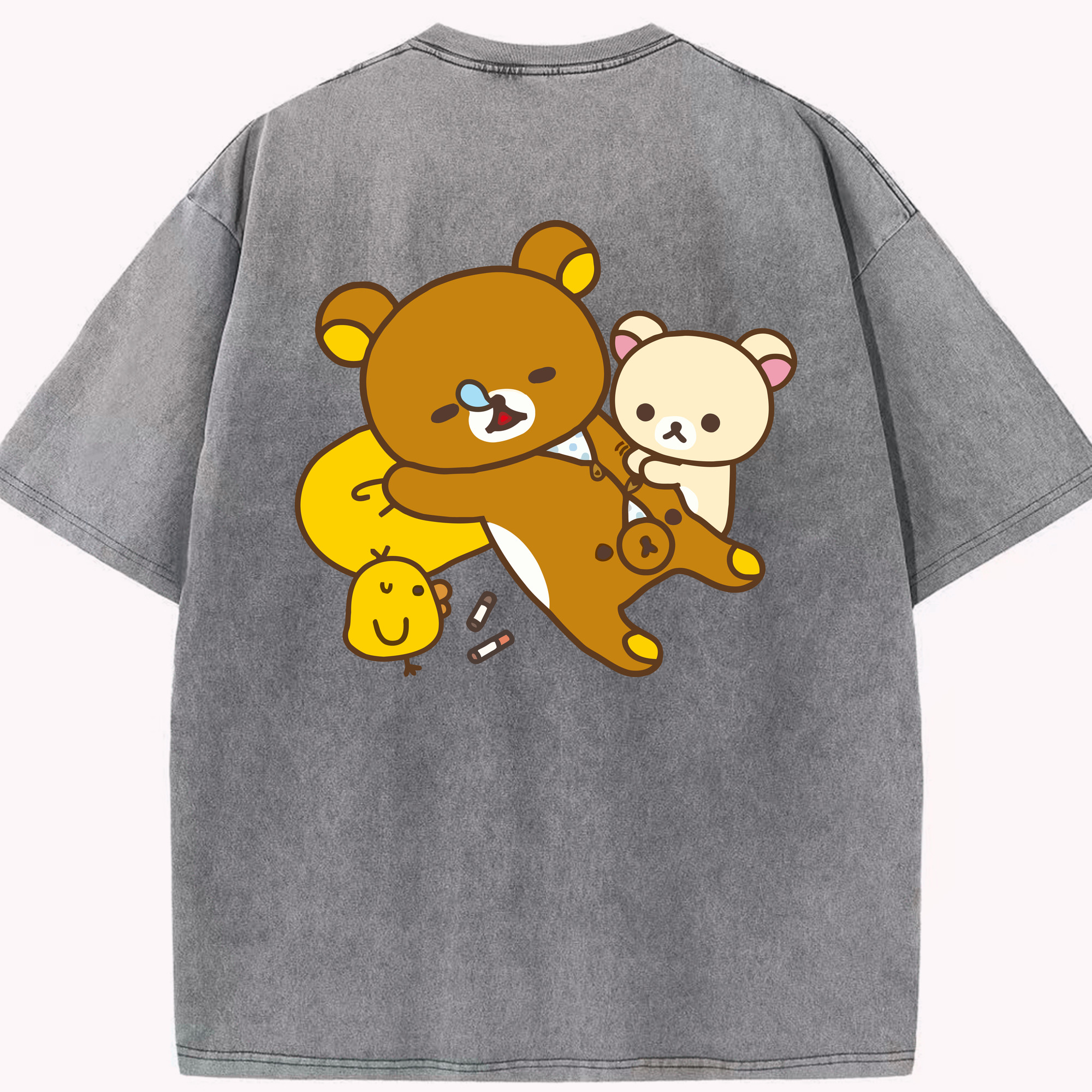 （画像用） リラックマ リラックマ キイロイトリ Rilakkuma Korilakkuma Kiiroitori 綿100% ヴィンテージ風 半袖Tシャツ（背面プリント）