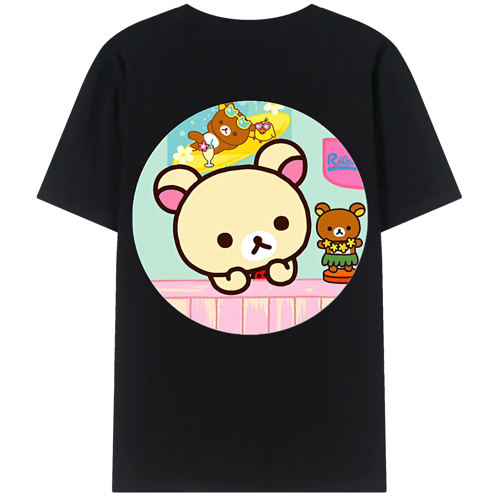 （画像用） リラックマ リラックマ キイロイトリ Rilakkuma Korilakkuma Kiiroitori 綿100％ メンズ半袖Tシャツ（バックプリント） 通気性