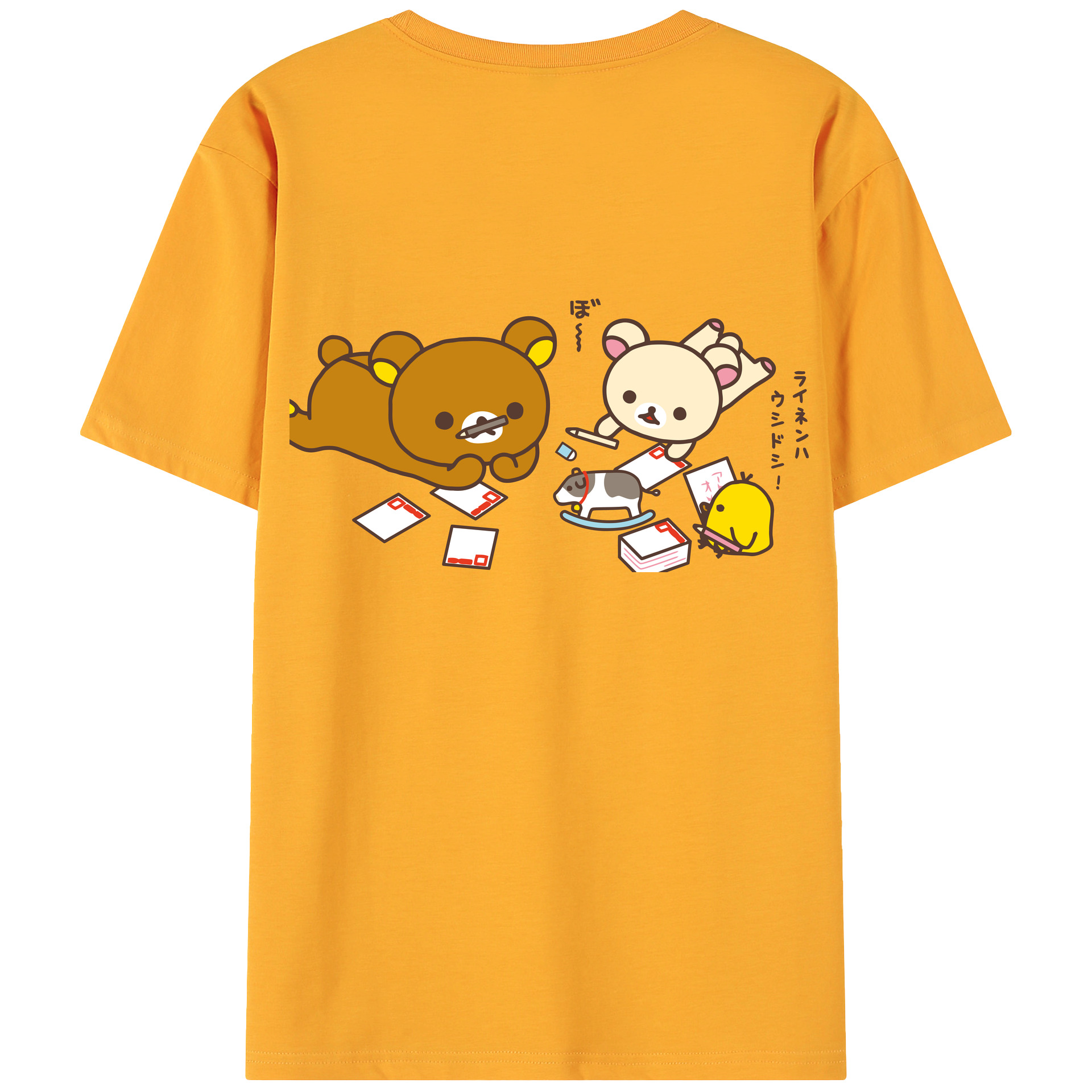 （画像用） リラックマ リラックマ キイロイトリ Rilakkuma Korilakkuma Kiiroitori 綿100％ メンズ半袖Tシャツ（バックプリント） 通気性