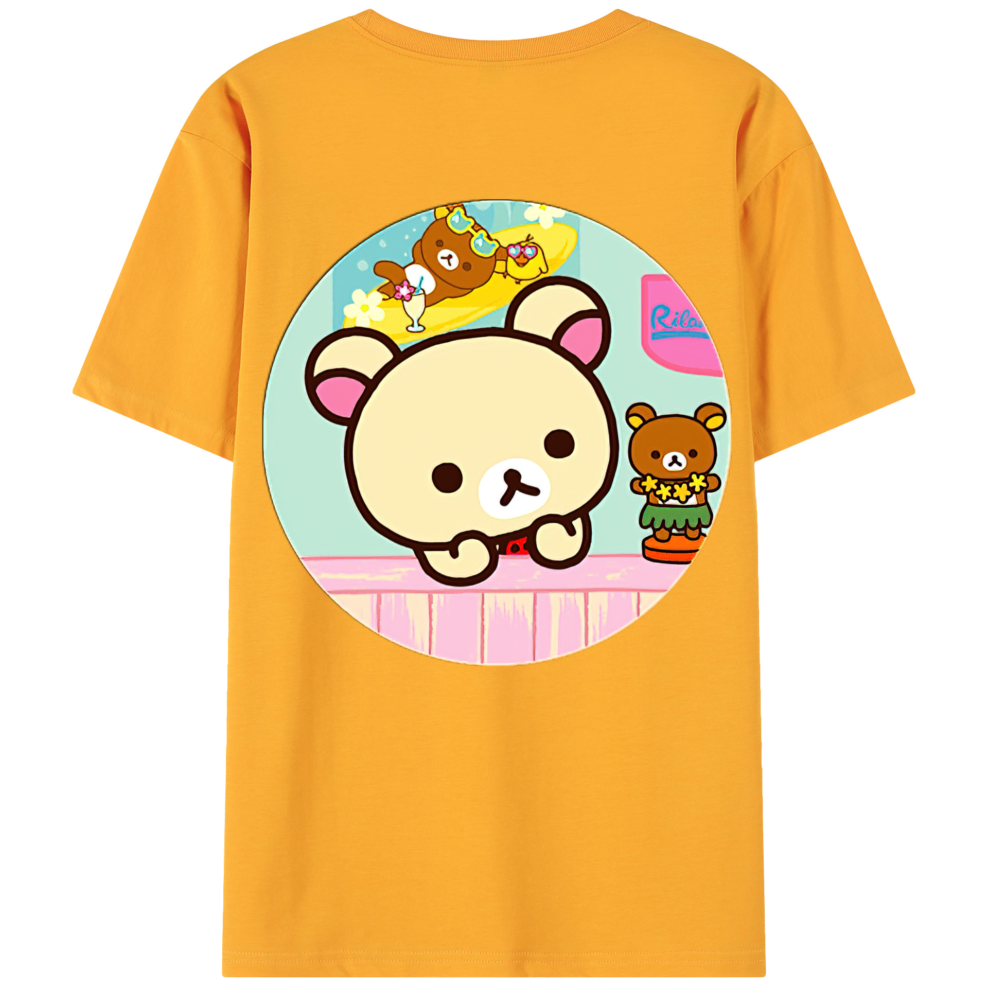 （画像用） リラックマ リラックマ キイロイトリ Rilakkuma Korilakkuma Kiiroitori 綿100％ メンズ半袖Tシャツ（バックプリント） 通気性
