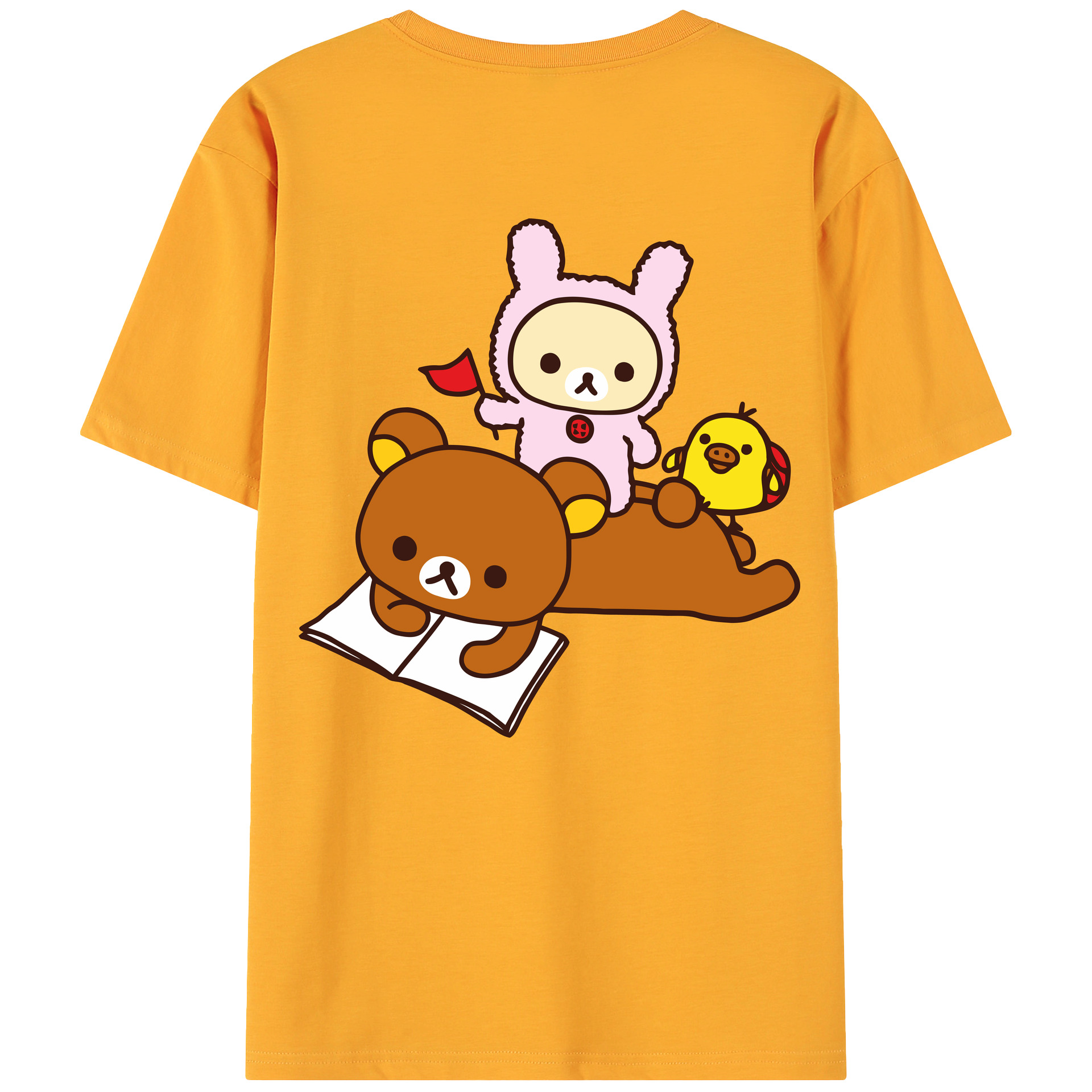 （画像用） リラックマ リラックマ キイロイトリ Rilakkuma Korilakkuma Kiiroitori 綿100％ メンズ半袖Tシャツ（バックプリント） 通気性